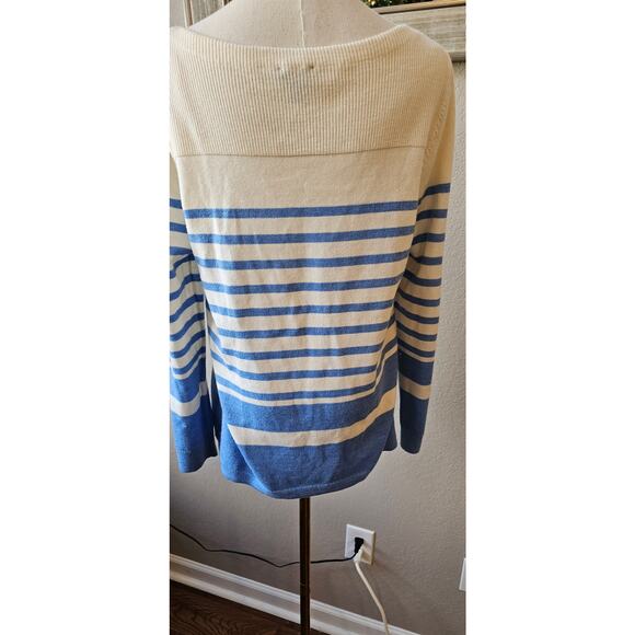 Talbots 100% Merino Wool Striped Pullover Sweater‎ Women SZ L White Blue - Picture 2 of 4